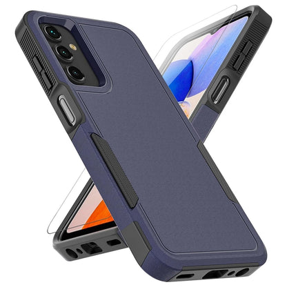Navy blue Samsung Galaxy A16 5G case with black trim, dual-layer design, side buttons, and clear tempered glass screen protector.