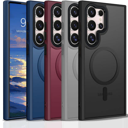 Samsung Galaxy S25 Ultra cases in blue, red, gray, and black with circular grip and camera cutout.