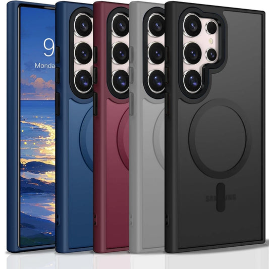 Samsung Galaxy S25 Ultra cases in blue, red, gray, and black with circular grip and camera cutout.