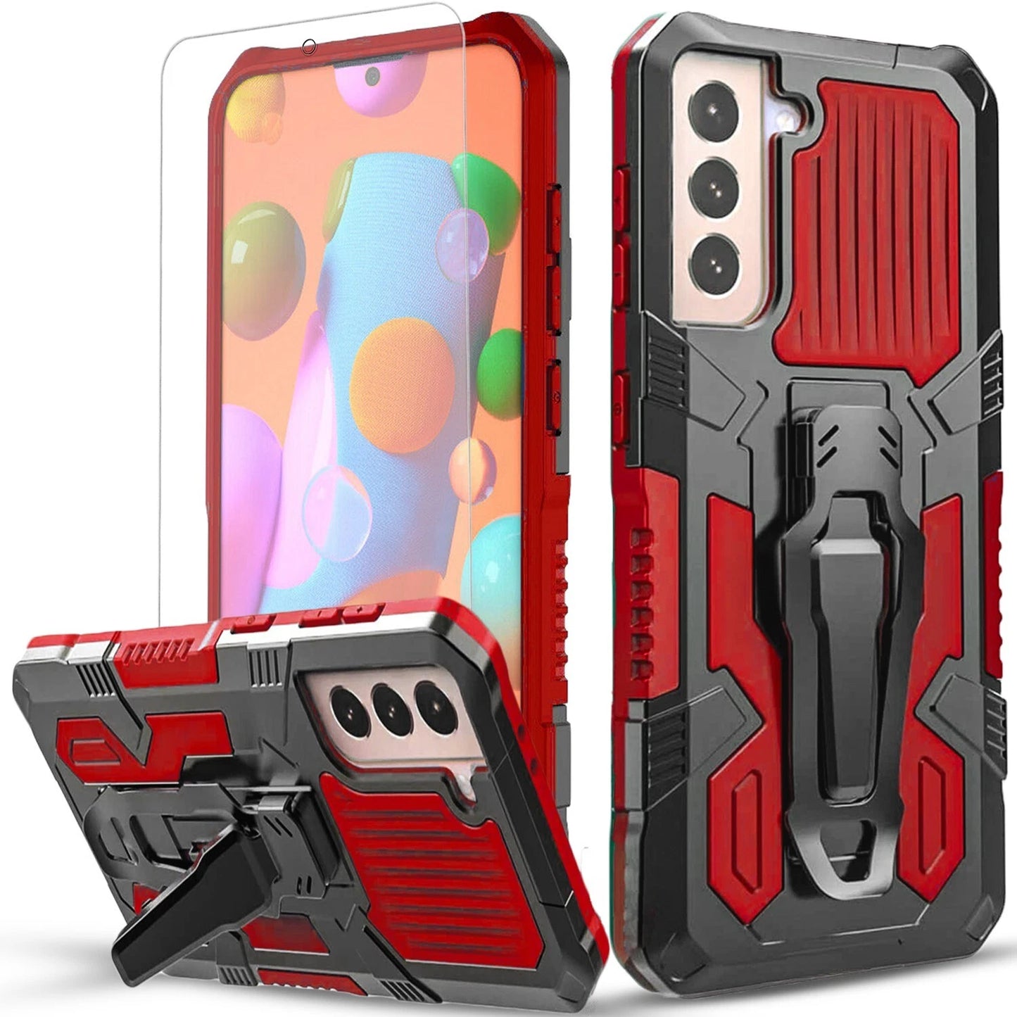 Samsung Galaxy S21 / S21 Ultra / S21 FE Armor Case with 9H Tempered Glass Screen Protector Bundle