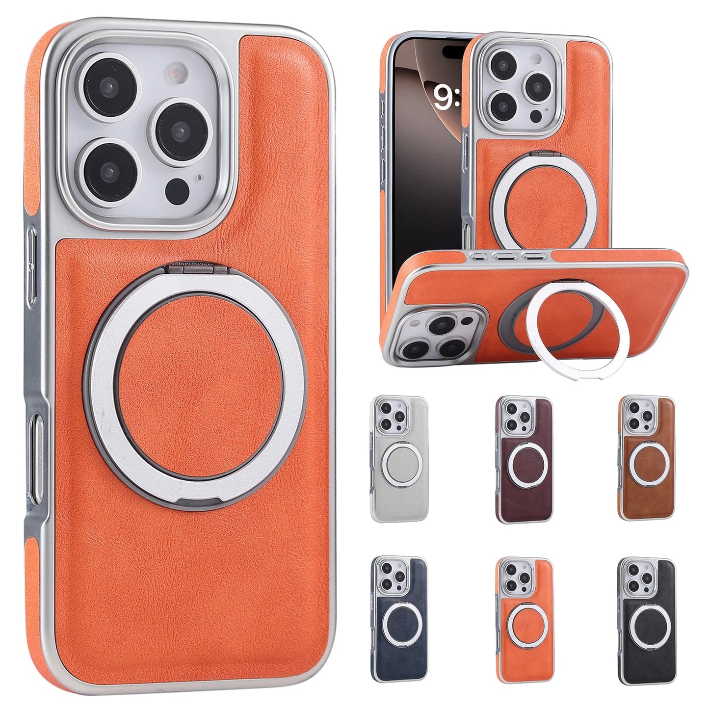 For iPhone 17 Pro Max 16 15 14 13 Shockproof PU Leather Magnetic Ring Stand Case