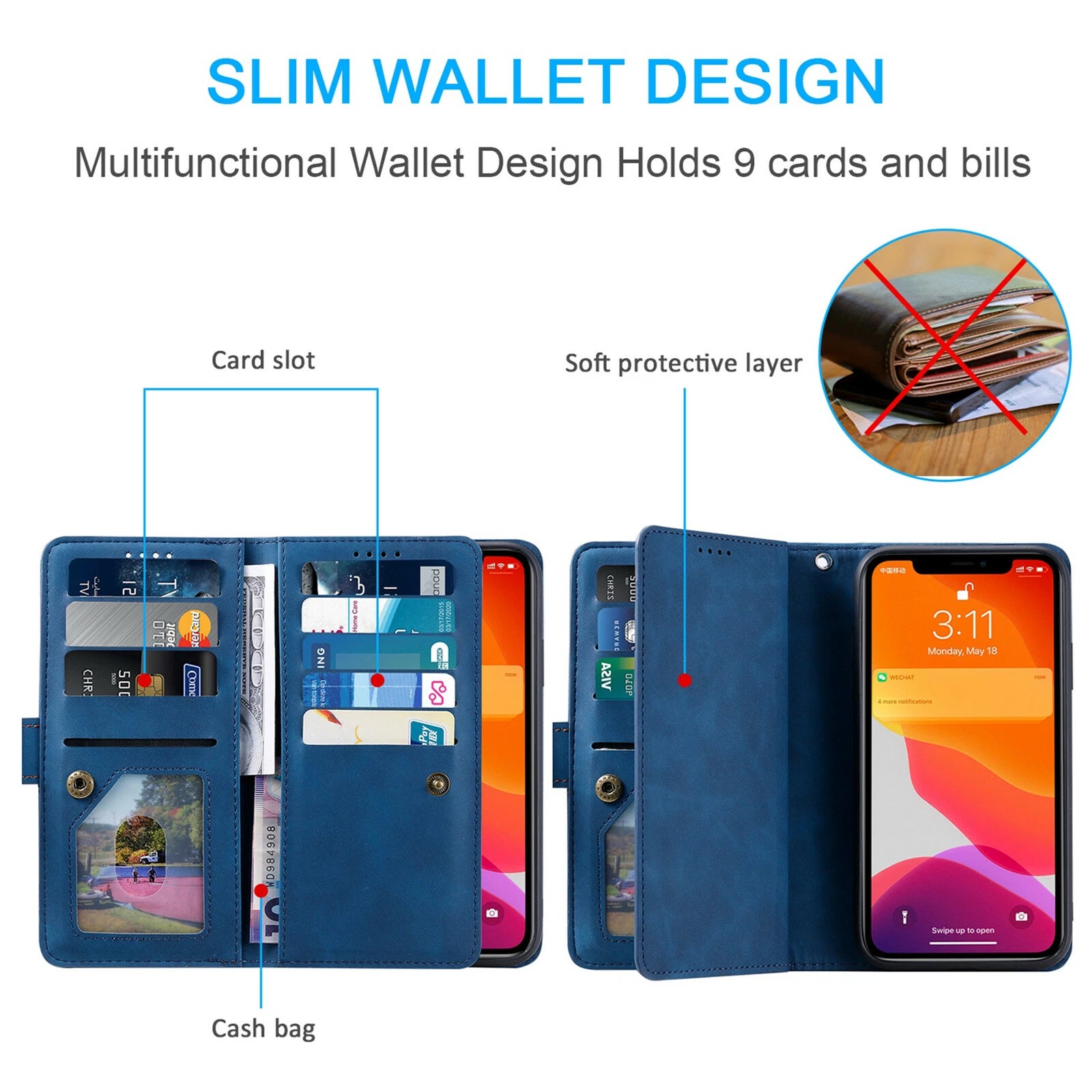 Zipper Leather Wallet Case For iPhone 16 15 17 Pro Max 14 13 12 11 Flip Cover