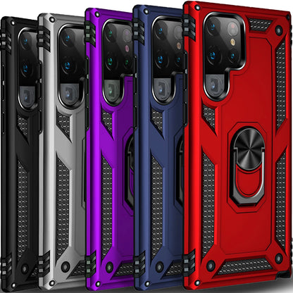 Five Samsung Galaxy S series cases in black, silver, purple, blue, and red with hexagonal pattern and camera cutout.