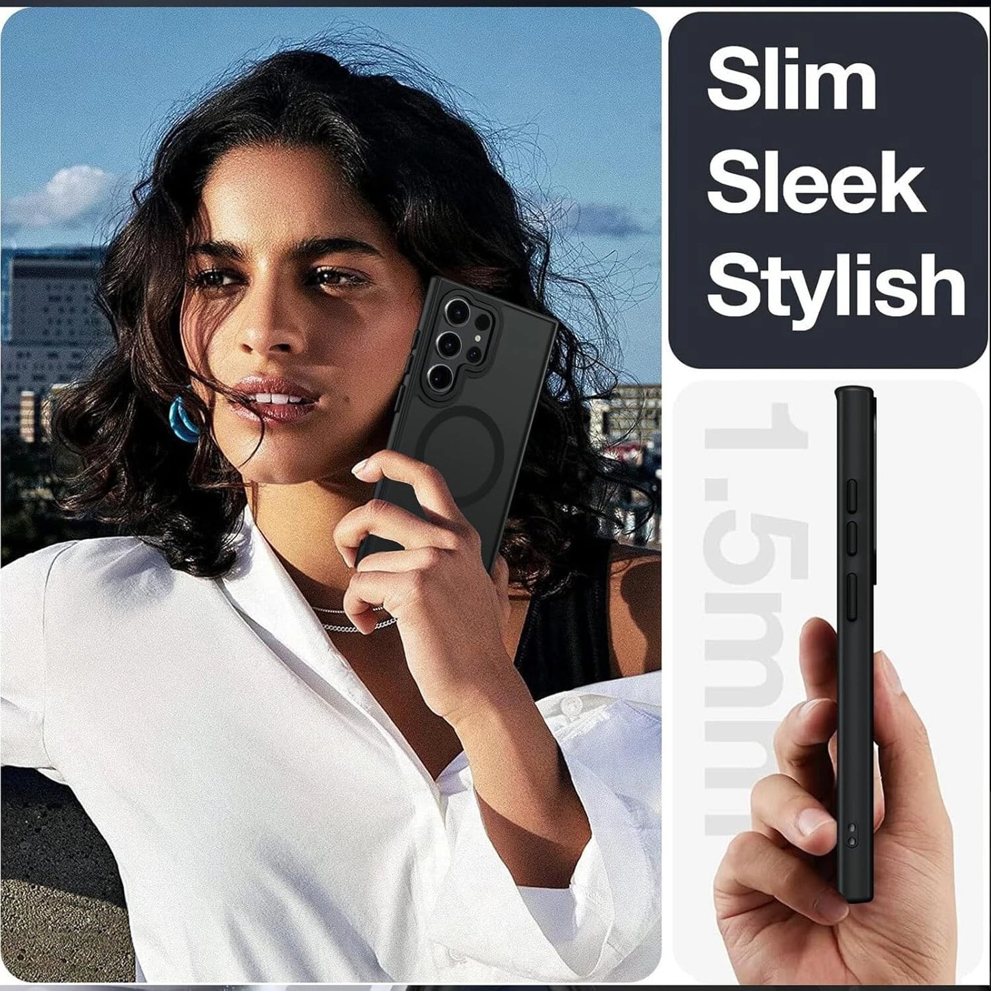 Black slim sleek stylish Samsung Galaxy S25 Ultra case with Mag Safe, 1.5mm profile, and camera cutout.