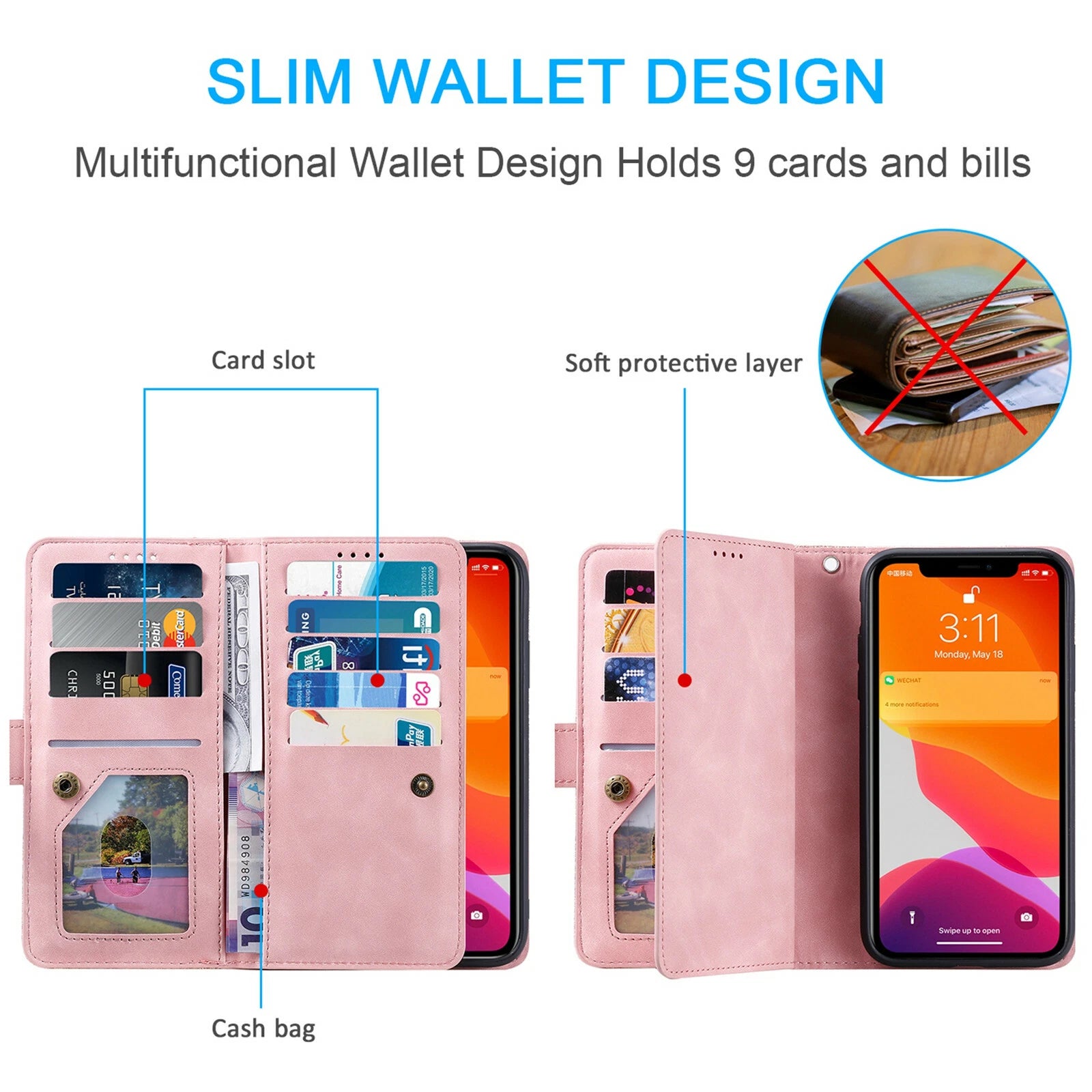 Zipper Leather Wallet Case For iPhone 16 15 17 Pro Max 14 13 12 11 Flip Cover