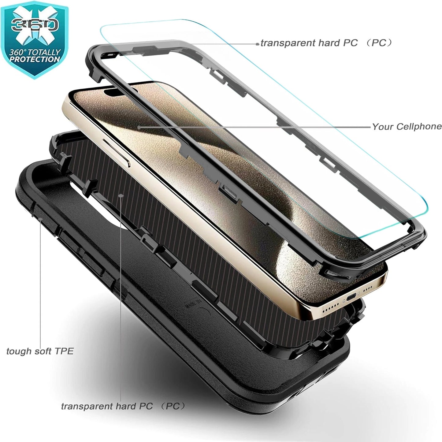 For iPhone 16 Pro Max Case 15 14 13 Phone Cover Shockproof Holster Screen Glass