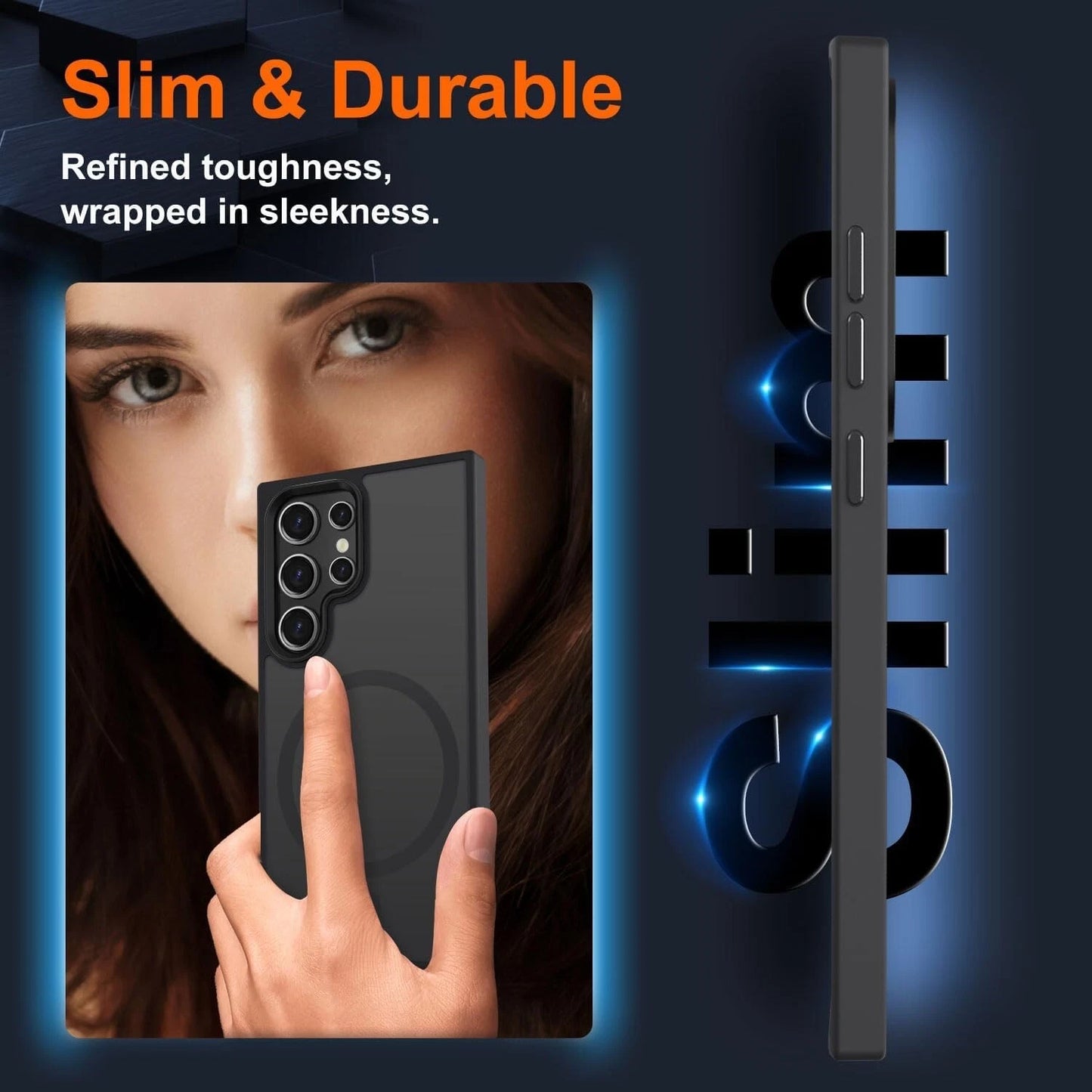 Black slim & durable Samsung Galaxy S25 Ultra case with refined toughness and sleek magnetic design.
