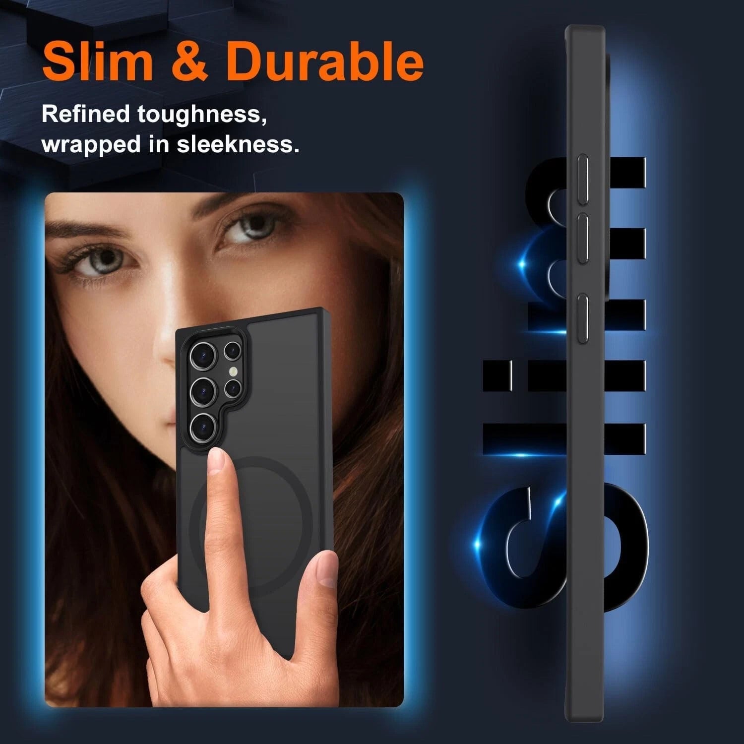 Black slim & durable Samsung Galaxy S25 Ultra case with refined toughness and sleek magnetic design.