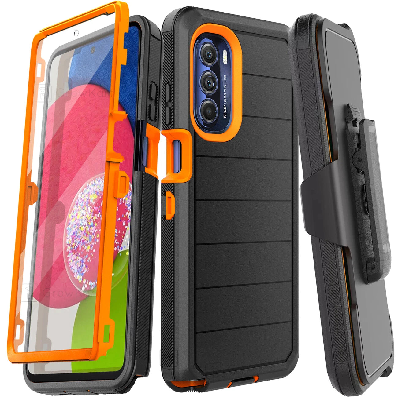 Rugged Shockproof Armor Hybrid Phone Case with Belt Clip Kickstand and Screen Protector
