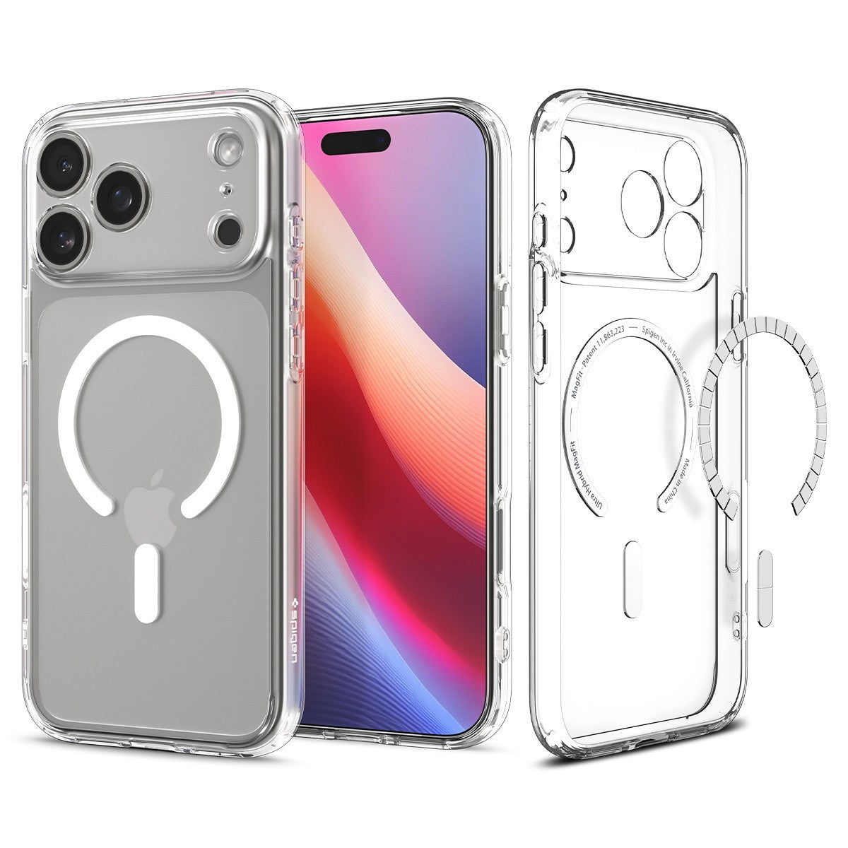 Clear Spigen Ultra Hybrid MagFit iPhone 17 Pro Max/Pro case with white MagSafe ring and camera cutouts.