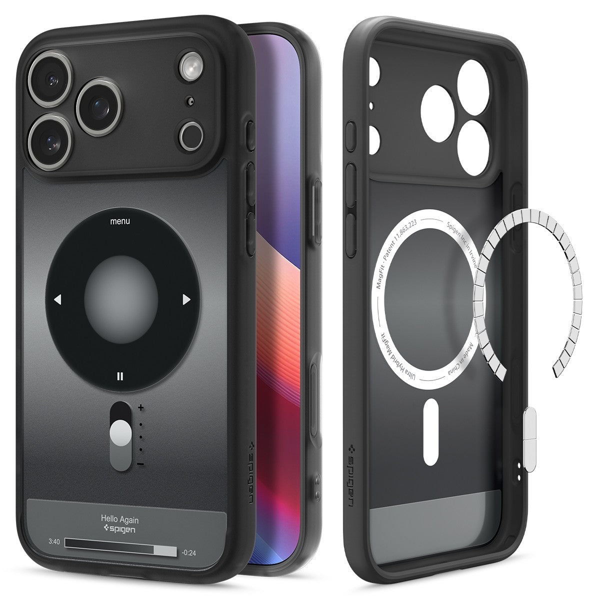 Black Spigen Ultra Hybrid MagFit iPhone 17 Pro Max case with circular control panel and silver magnetic ring.