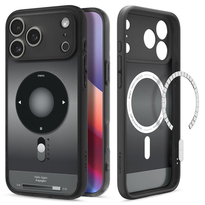Black Spigen Ultra Hybrid MagFit iPhone 17 Pro Max case with circular control panel and silver magnetic ring.