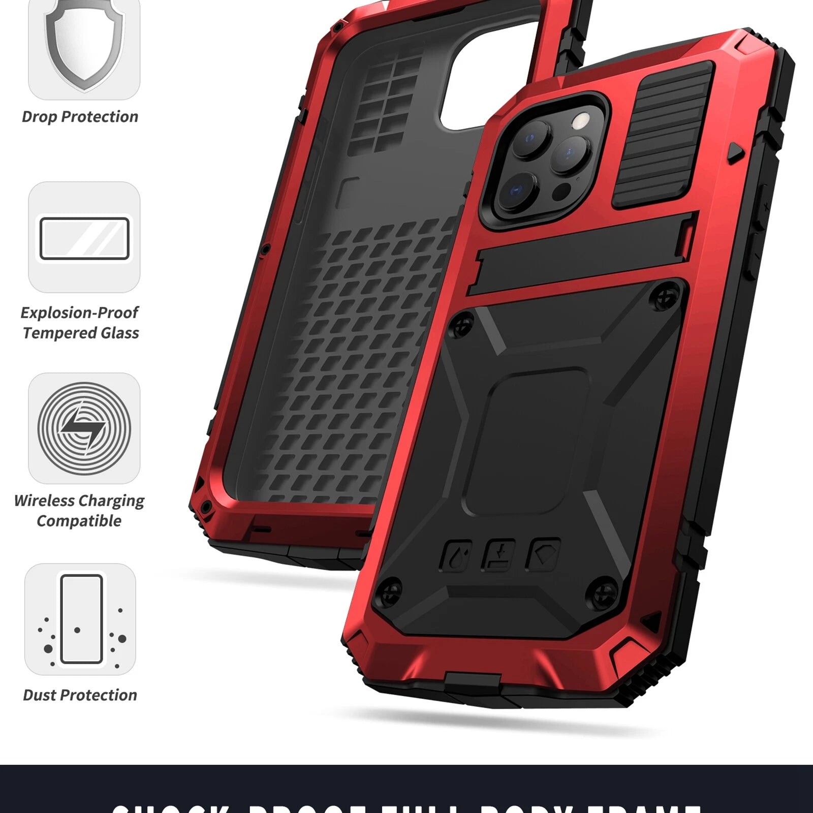 Heavy Duty Armor Metal Screen Glass Stand Case for iPhone 17 Pro Max 16 15 14 13