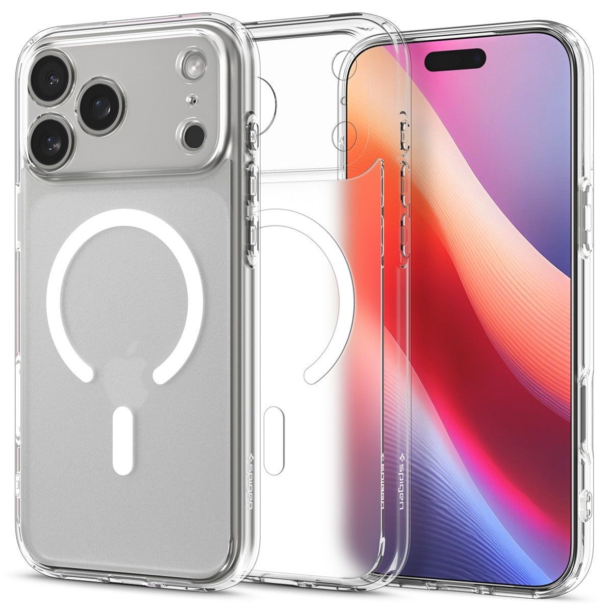 Clear Spigen Ultra Hybrid MagFit iPhone 17 Pro Max/Pro case with silver back panel and circular MagSafe cutout.