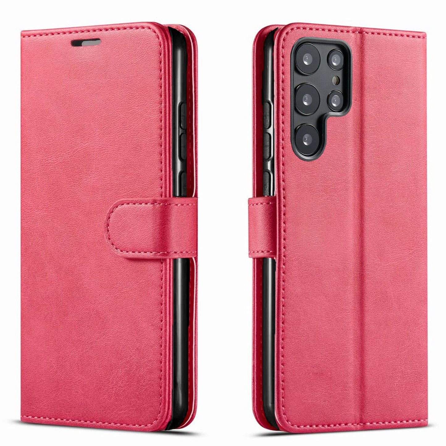 Red leather Samsung Galaxy S25 Ultra case with flip cover, stitched edges, and dual rear camera cutout.