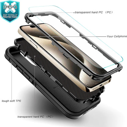 For iPhone 16 Pro Max Case 15 14 13 Phone Cover Shockproof Holster Screen Glass