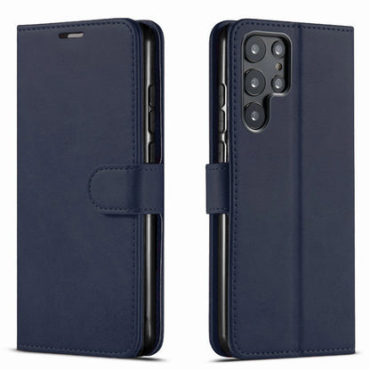 Navy blue leather Samsung Galaxy case with flip cover, stitched edges, and camera cutout on back.
