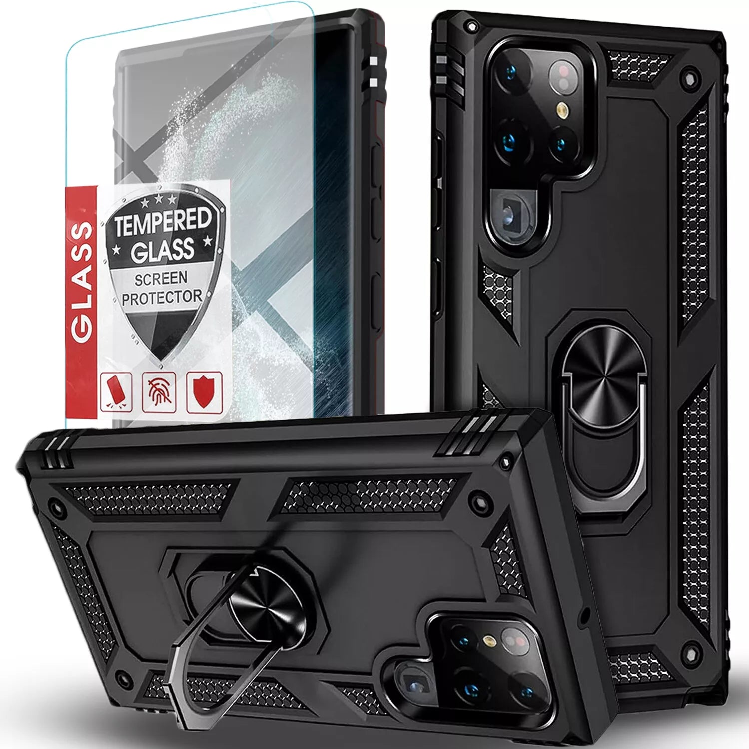Black rugged Samsung Galaxy case with circular stand, textured grip, and tempered glass screen protector.