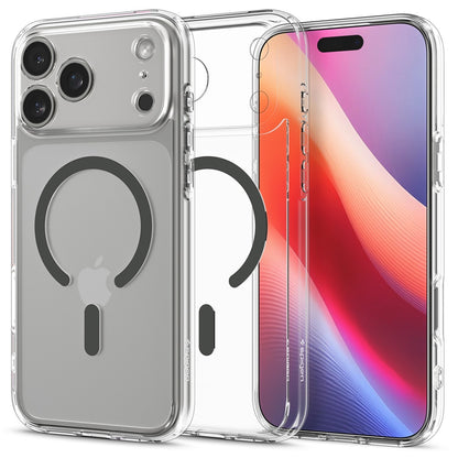 Clear Spigen Ultra Hybrid MagFit iPhone 17 Pro Max/Pro case with black MagSafe ring and camera cutouts.