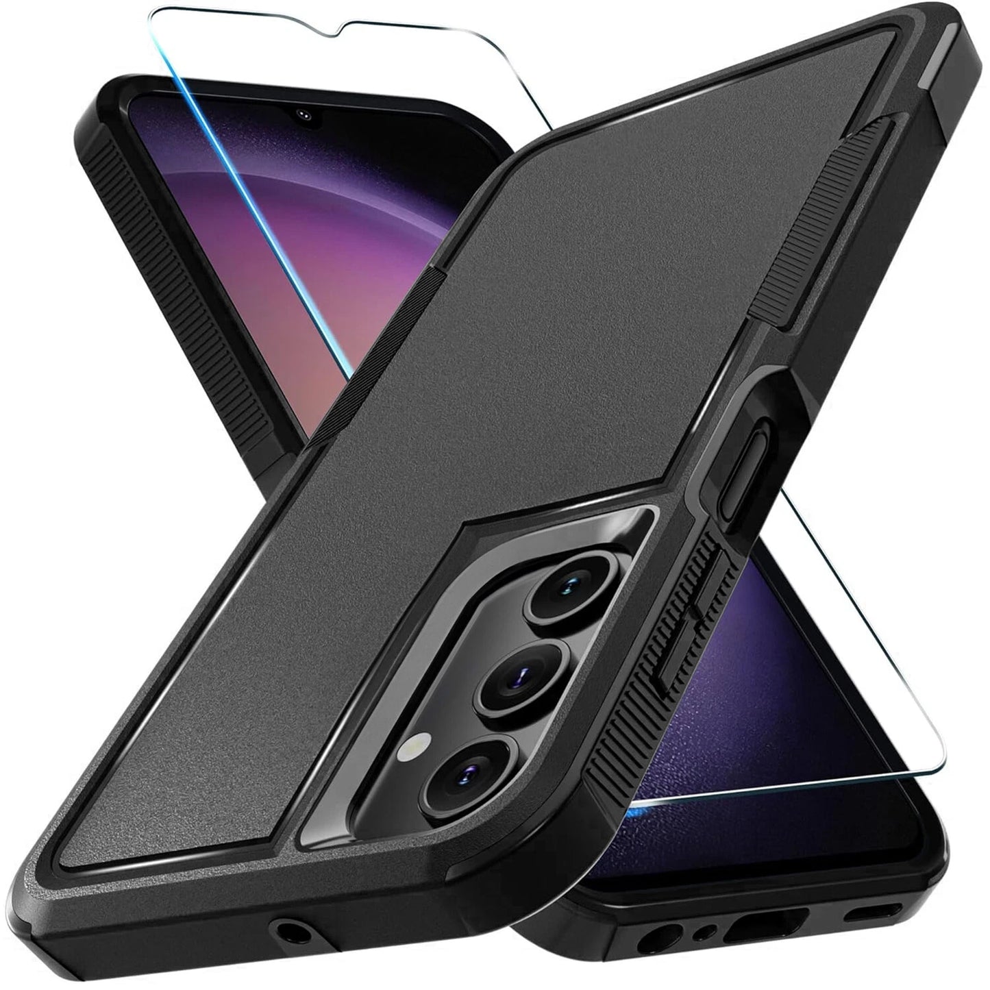 Black rugged Samsung Galaxy A16 5G case with textured grip, camera cutout, and clear screen protector.