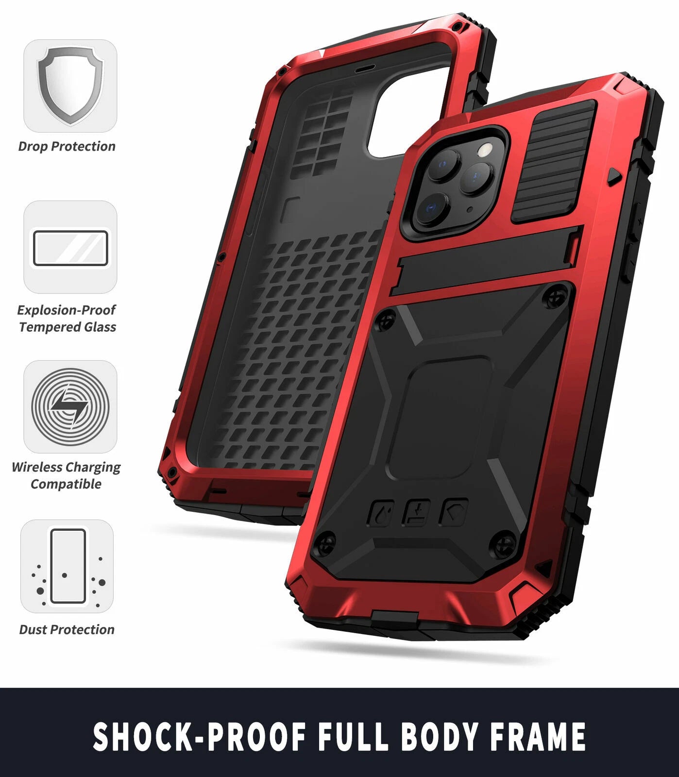 Heavy Duty Armor Metal Screen Glass Stand Case for iPhone 17 Pro Max 16 15 14 13