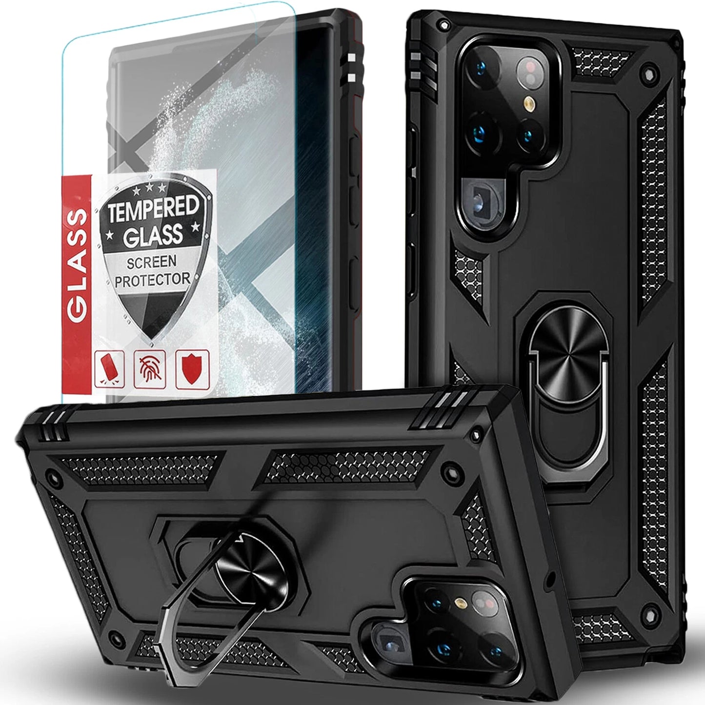 Black rugged Samsung Galaxy case with circular stand, textured grip, and tempered glass screen protector.