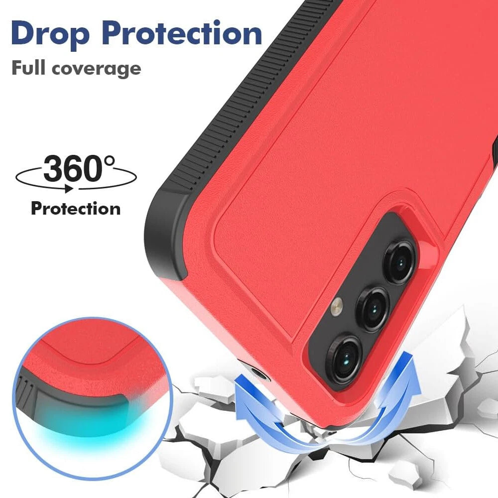 Red Samsung Galaxy A16 5G case with black trim, drop protection, full coverage, and 360° protection graphics.