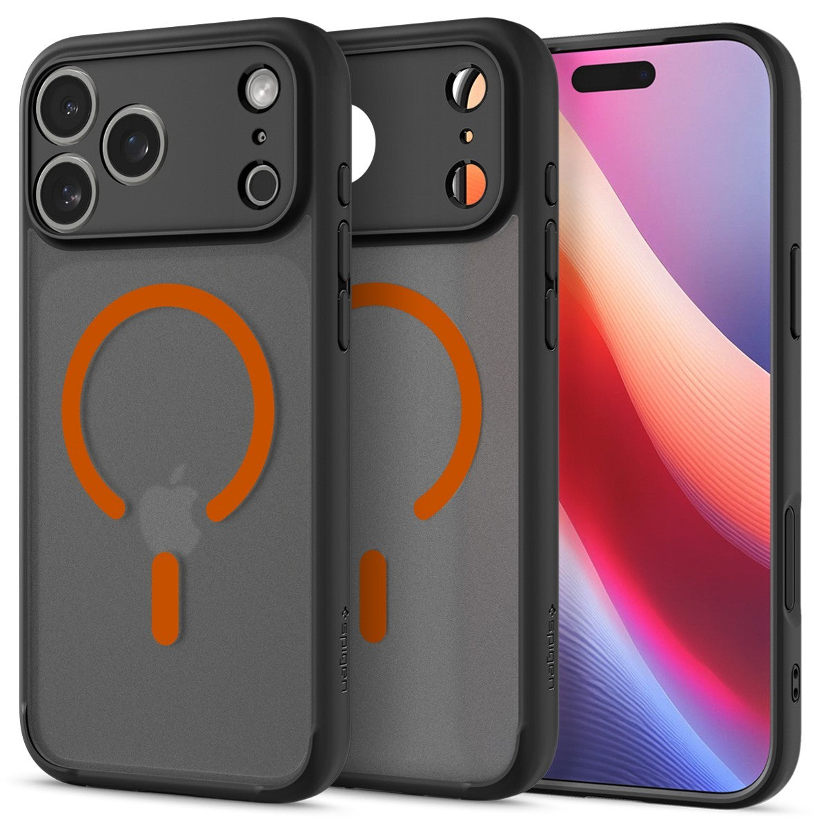 Black Spigen Ultra Hybrid MagFit iPhone 17 Pro Max case with orange circular design and camera cutouts on back.