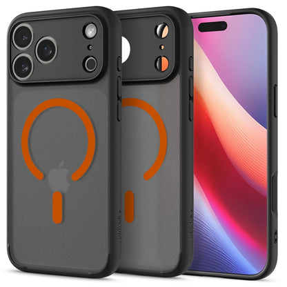 Black Spigen Ultra Hybrid MagFit iPhone 17 Pro Max case with orange circular design and camera cutouts on back.
