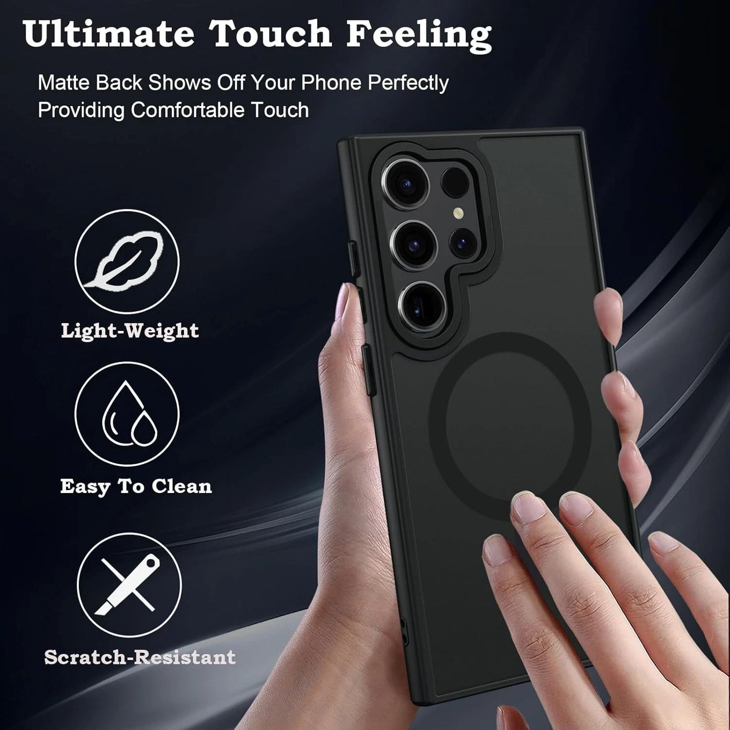 Black frosted Samsung Galaxy S25 Ultra case with matte back, light-weight design, and scratch-resistant properties.