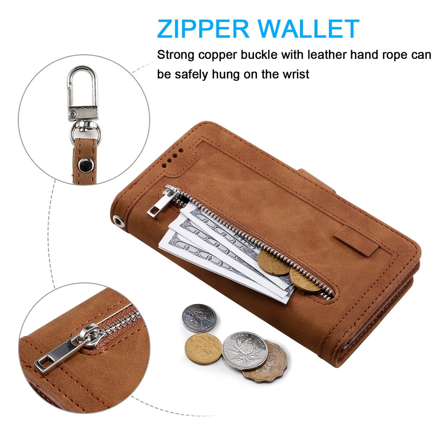 Zipper Leather Wallet Case For iPhone 16 15 17 Pro Max 14 13 12 11 Flip Cover