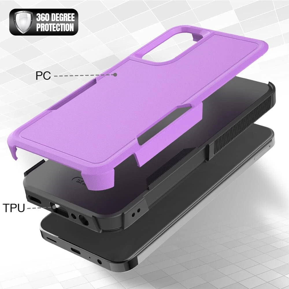 Purple Samsung Galaxy A16 5G case with dual-layer design, PC shell, TPU grip, and 360-degree protection label.