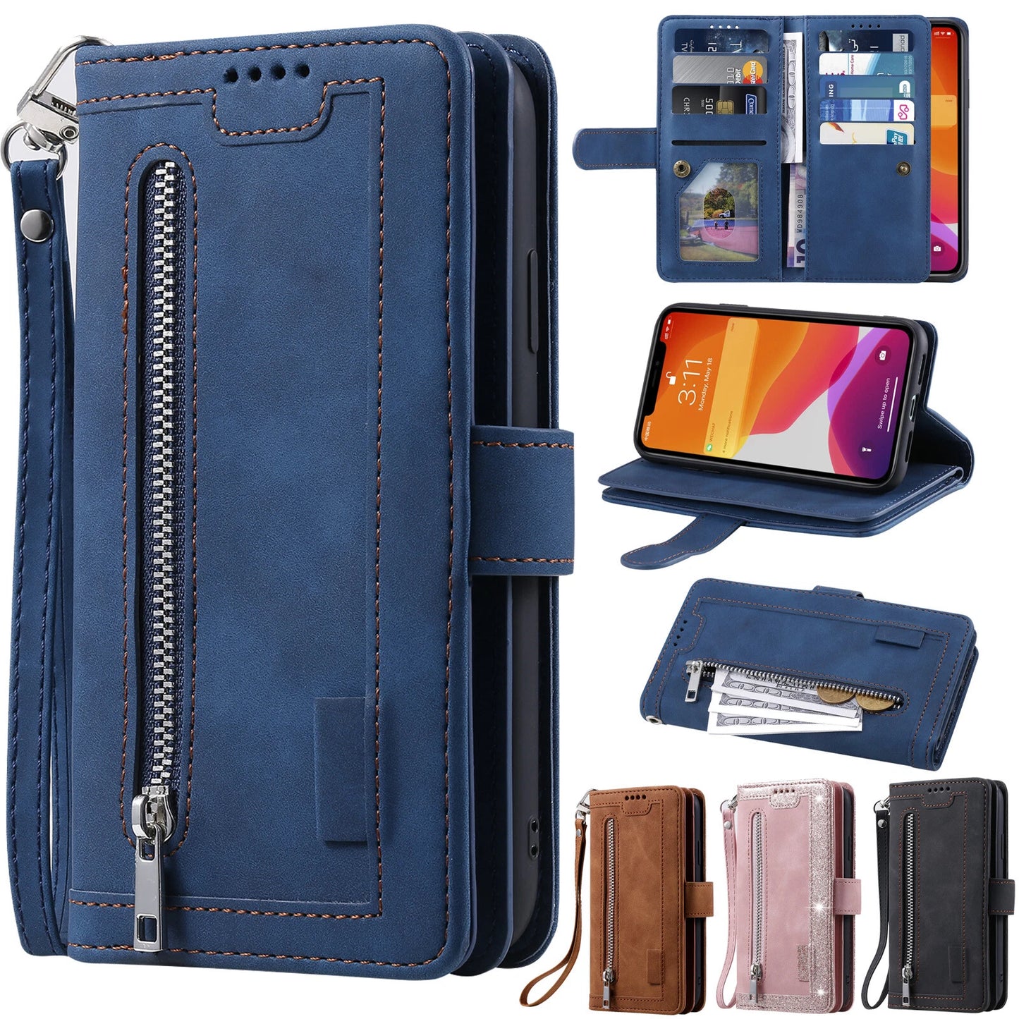 Zipper Leather Wallet Case For iPhone 16 15 17 Pro Max 14 13 12 11 Flip Cover