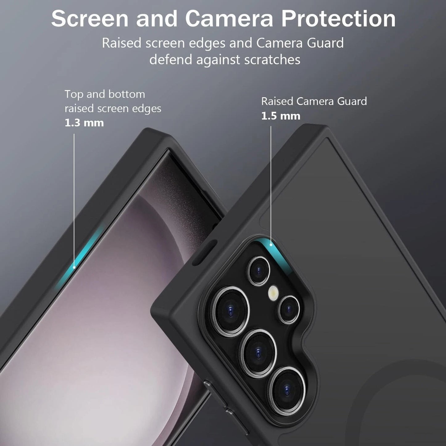 Black Samsung Galaxy S25 Ultra case with raised screen edges 1.3���mm and camera guard 1.5���mm for