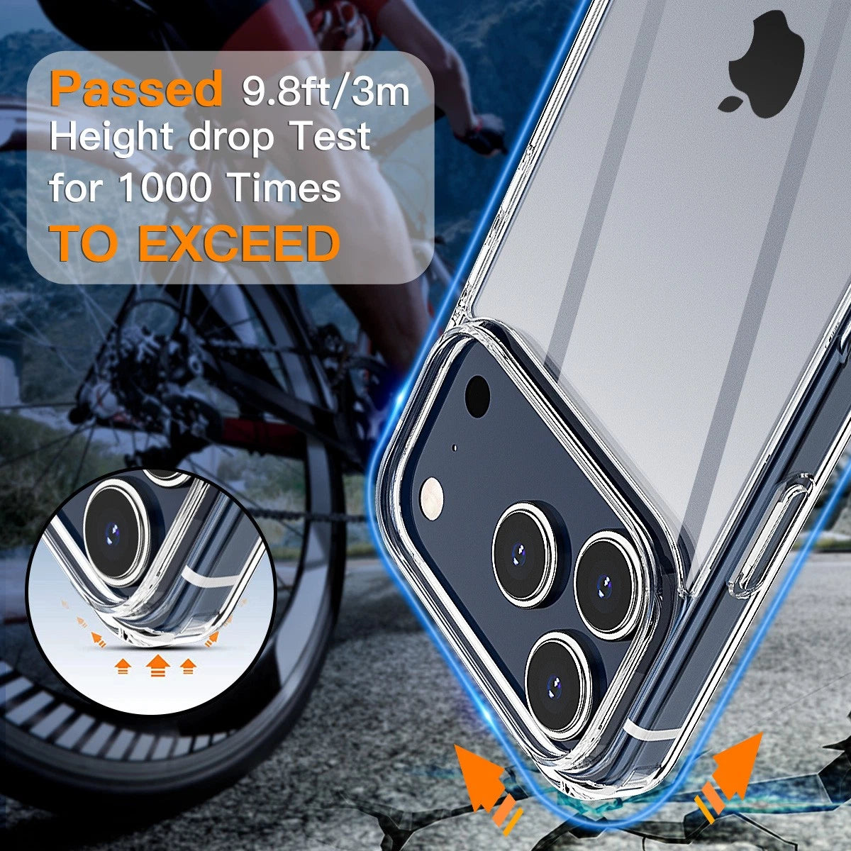 Clear iPhone 17 Pro Max case with rugged bumper, triple camera cutout, and text “Passed 9.8ft/3m height drop test.”