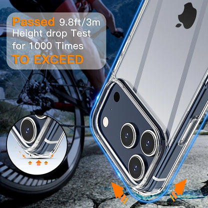 Clear iPhone 17 Pro Max case with rugged bumper, triple camera cutout, and text “Passed 9.8ft/3m height drop test.”