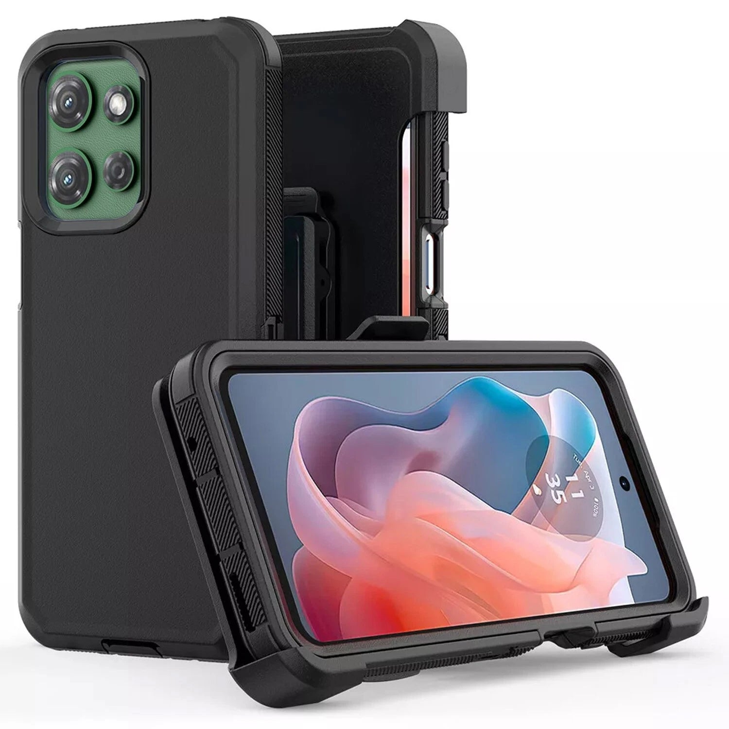 Black heavy-duty Moto G 2025 case with green camera cutout, textured grip, and screen protector.