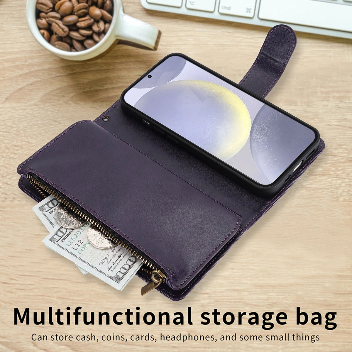 Leather Zipper Wallet Phone Case For Samsung Galaxy S25 S24 Ultra S23 S22 S21 FE