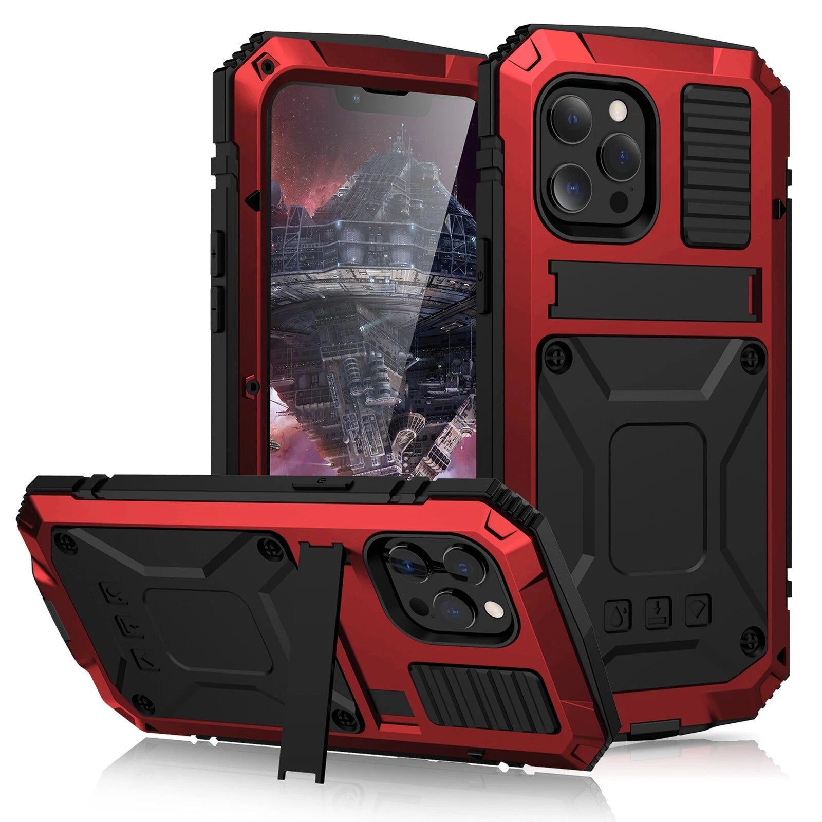Heavy Duty Armor Metal Screen Glass Stand Case for iPhone 17 Pro Max 16 15 14 13