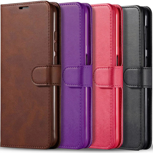 Brown, purple, red, and black leather flip phone cases with stitched edges and buckle straps for Samsung Galaxy models.