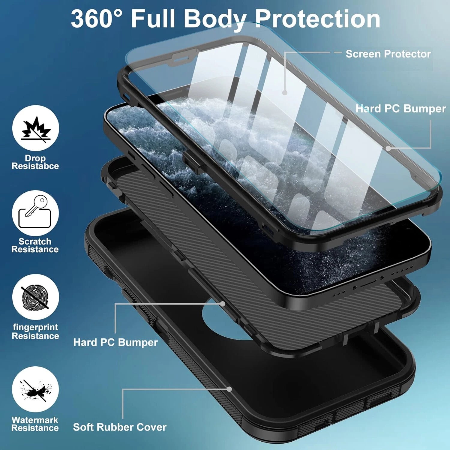 For iPhone 16 Pro Max/16 Pro 15 14 13 11 Case Phone Shockproof Cover+Screen Glas