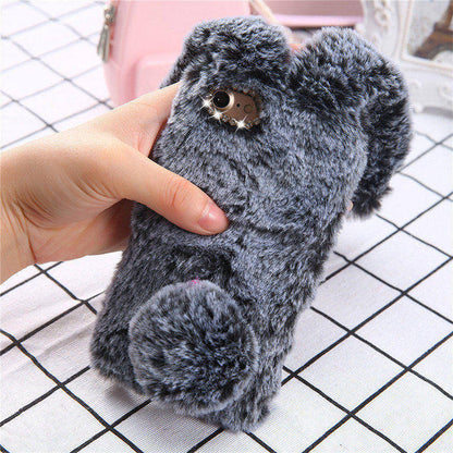 Fluffy Plush Warm Phone Cases Fur Rabbit Diamond Cover Soft - carolay.co