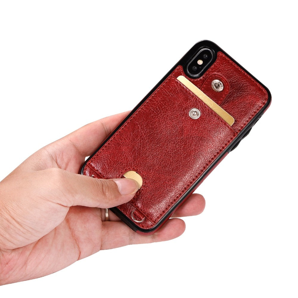 Vintage PU Leather Back Case for iPhone With Strap - carolay.co phone case shop