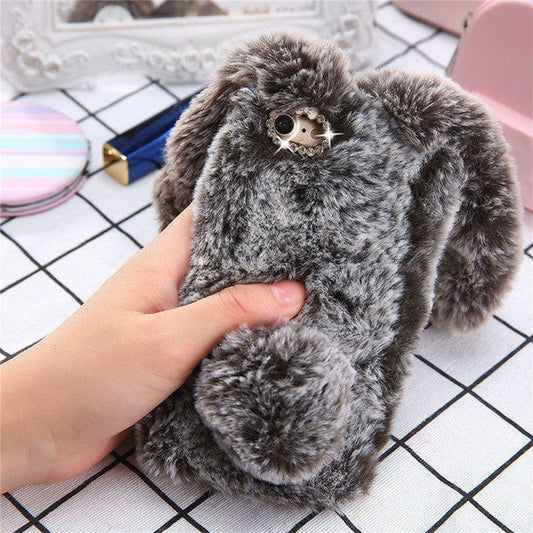 Fluffy Plush Warm Phone Cases Fur Rabbit Diamond Cover Soft - carolay.co