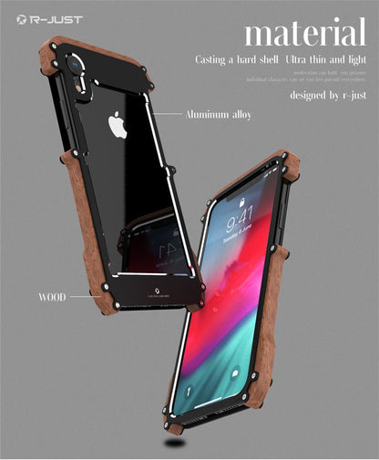 Case vintage Wood Bumper Metal Anti knock for iPhone XS XR - carolay.co