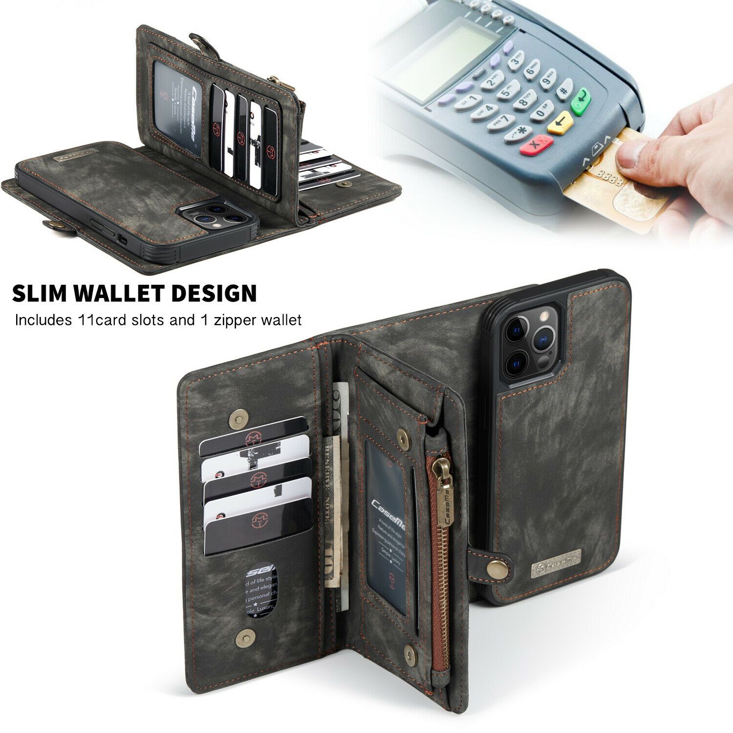 Magnetic Zipper Leather Wallet Case For iPhone - carolay.co