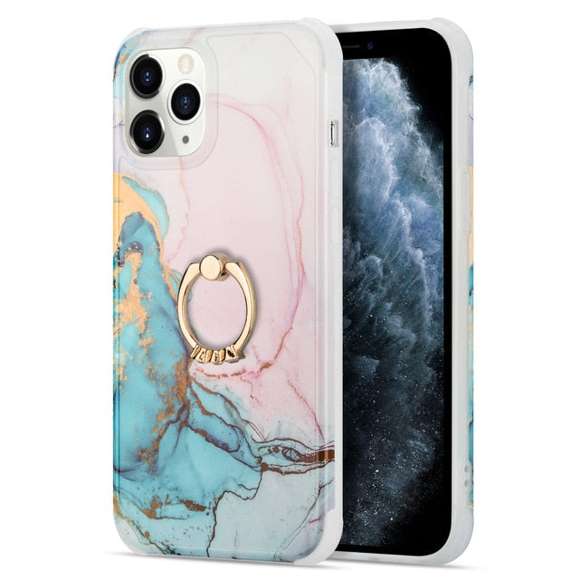 Marble Design Ring Stand Case Geometric Soft Shockproof for iPhone - carolay.co