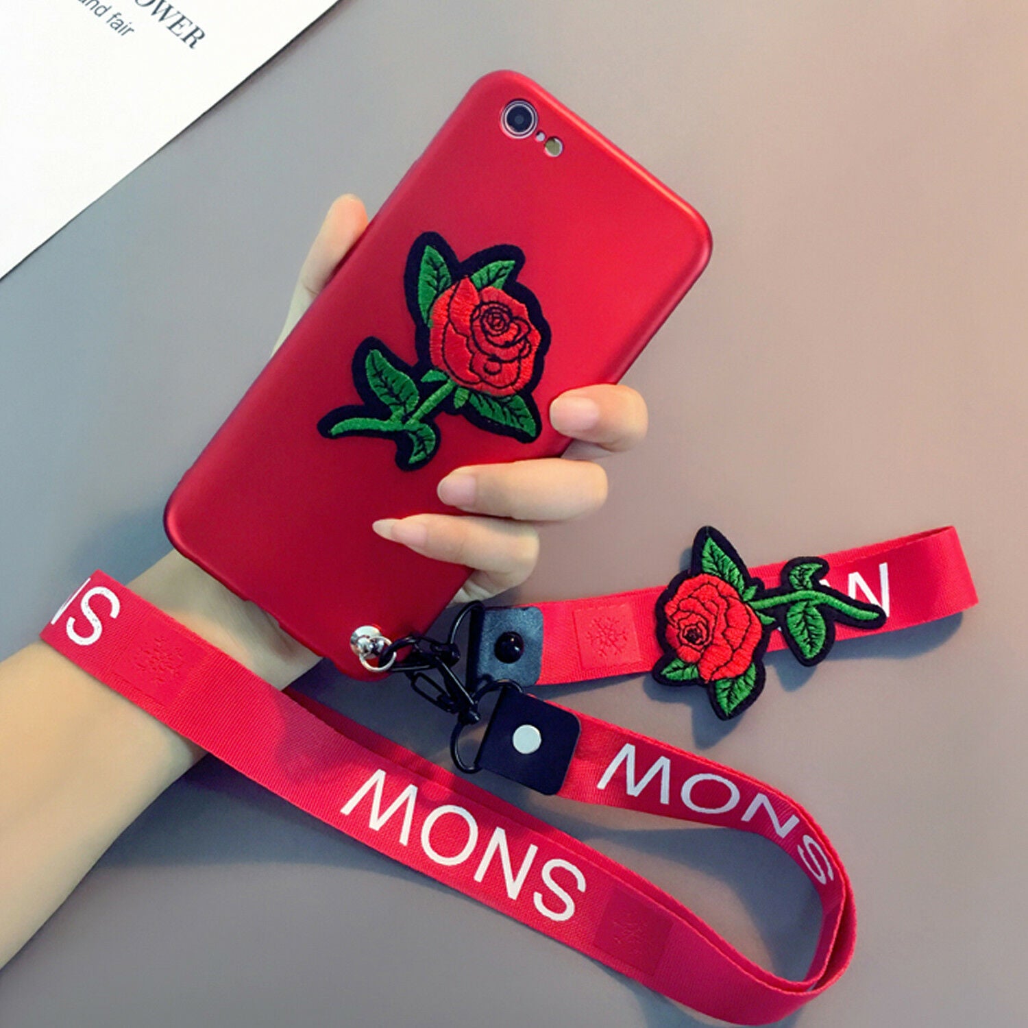 Luxury Embroidery Rose Flower Neck Strap Soft case For iPhone - carolay.co